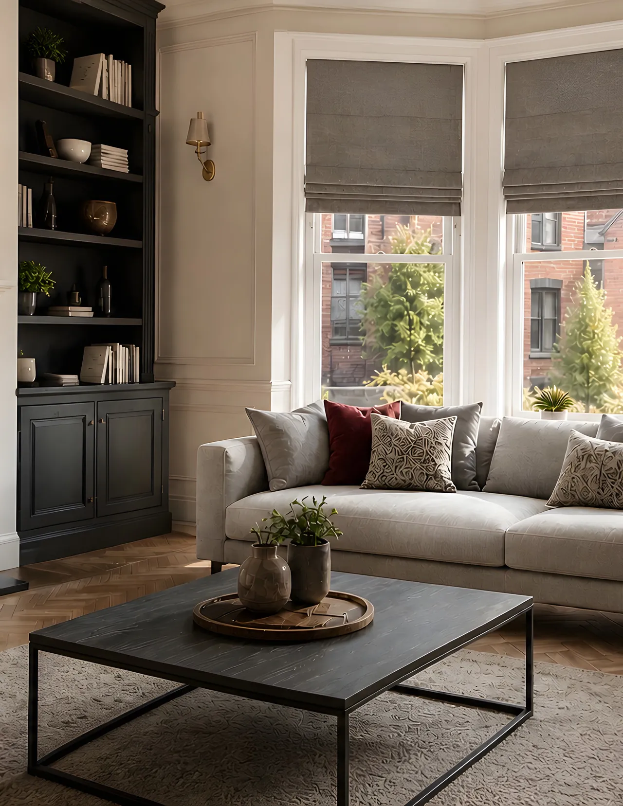 Roman blinds fitted across three windows in a warm living room