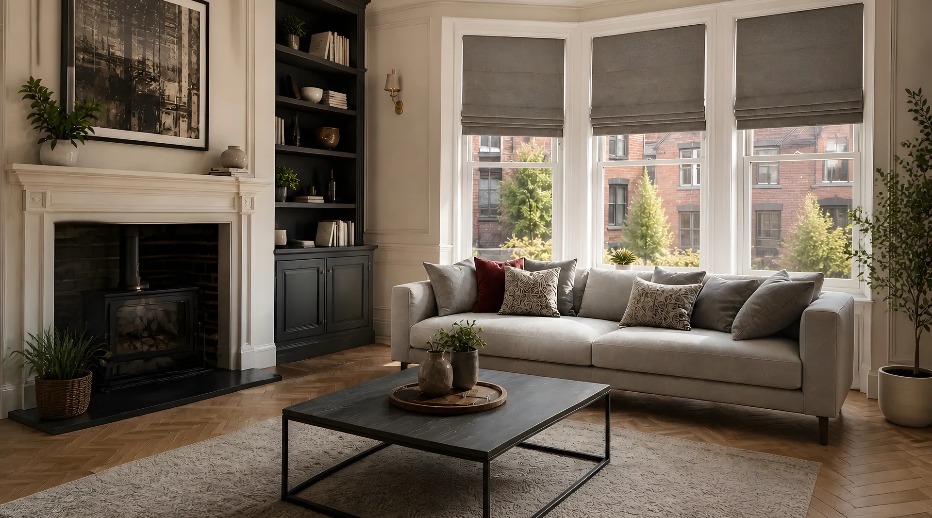Grey Roman blinds fitted across three windows in a warm living room
