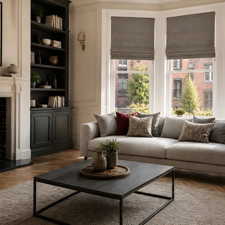 Soft fabric Roman blind in a warm living room