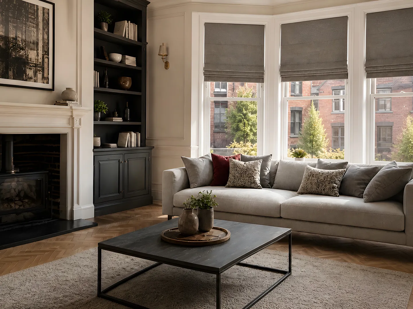 Grey Roman blinds at a bay window beside a fireplace and upholstered sofa