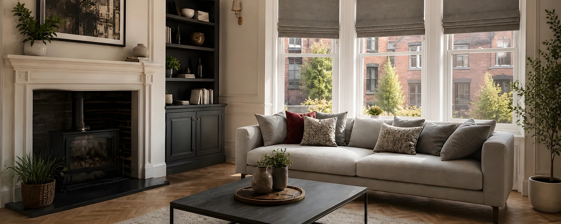 Grey Roman blinds fitted across the windows of a warm living room