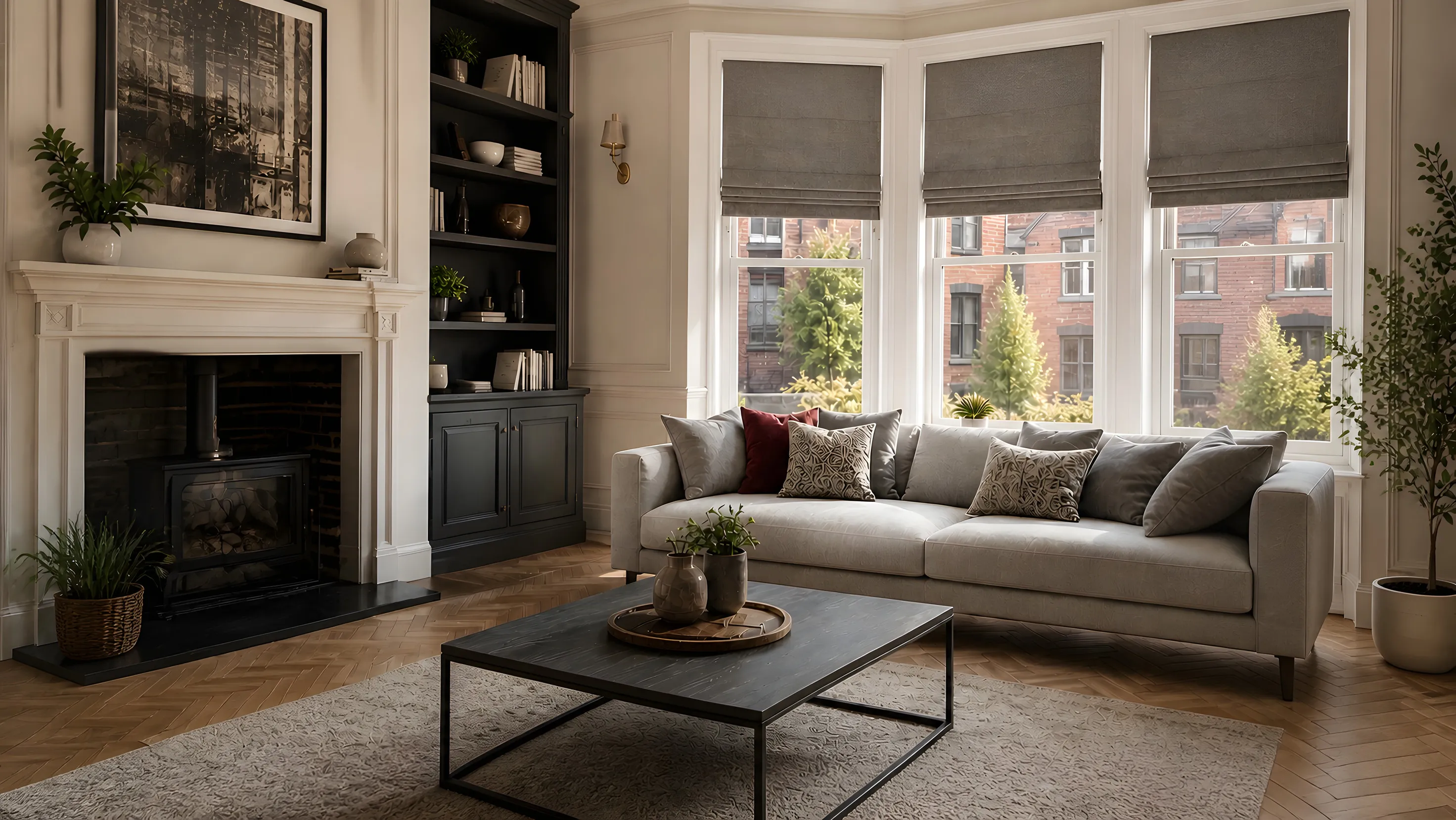 Grey Roman blinds across a bay window in a warm living room, sofa and fireplace beside it