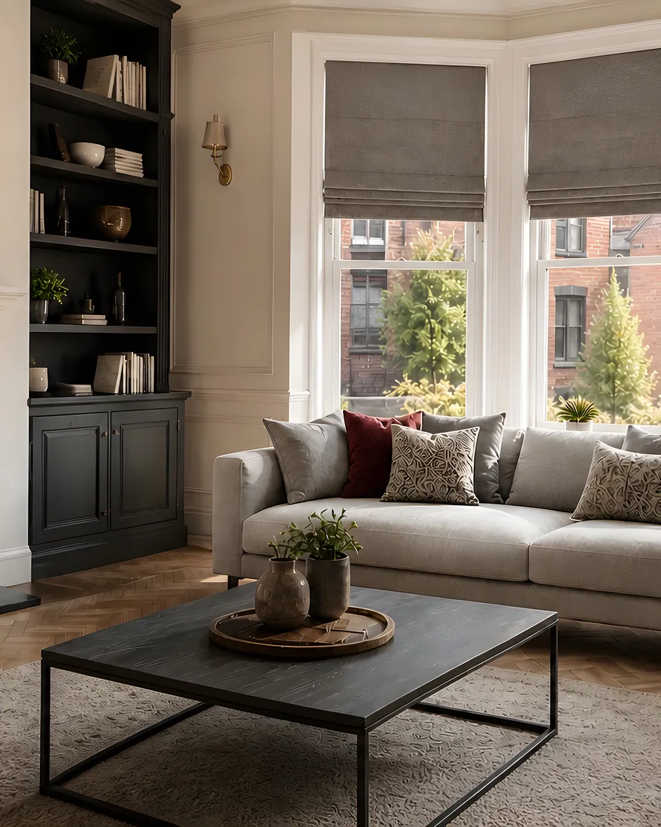 Soft neutral Roman blind shown in a furnished room