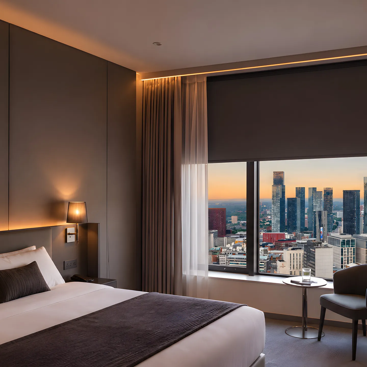 Hotel bedroom window dressed with privacy sheers and blackout curtains