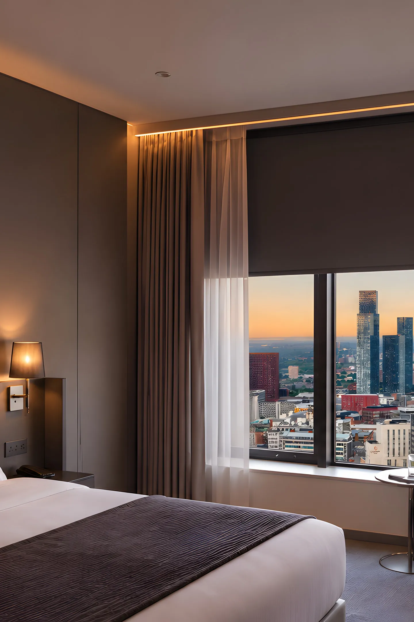 Layered window treatments in a hospitality bedroom