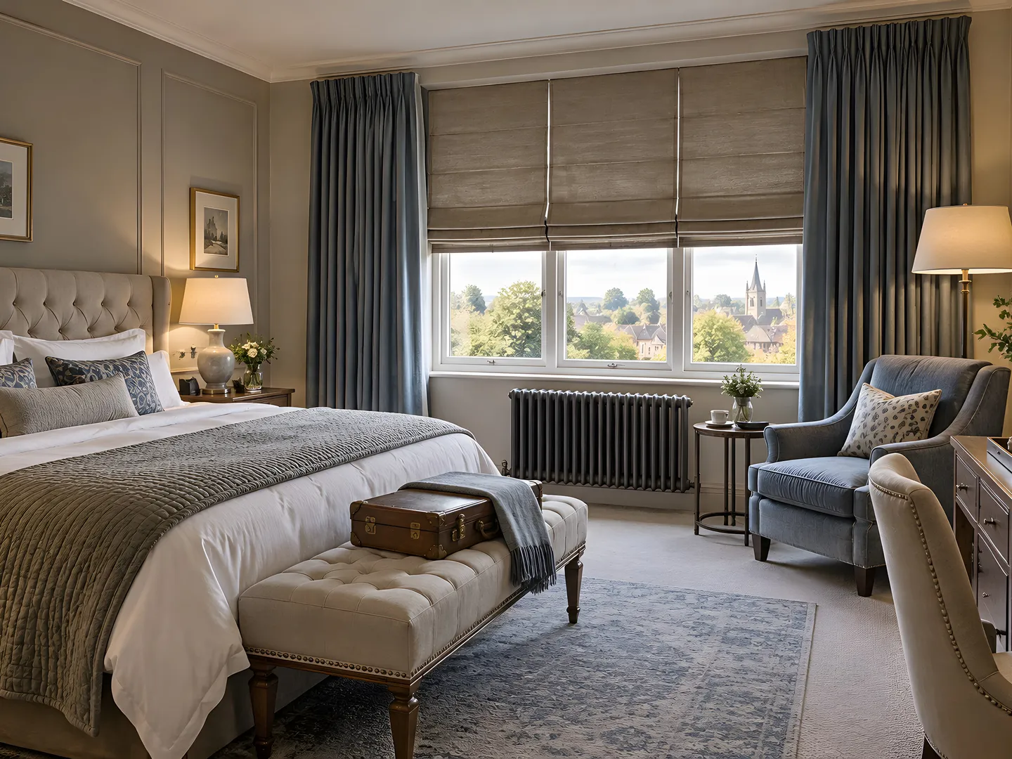 Taupe Roman blinds and blue curtains in a furnished boutique hotel suite