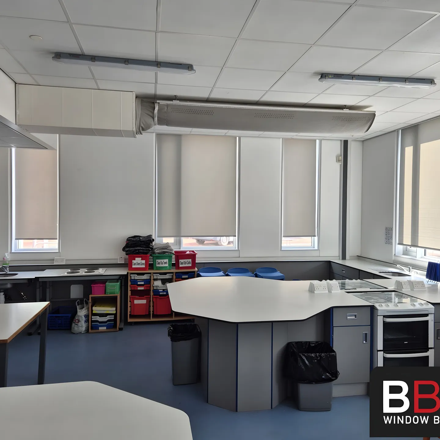 Roller blinds fitted by BBS around the food technology room at Irlam and Cadishead High School in Salford