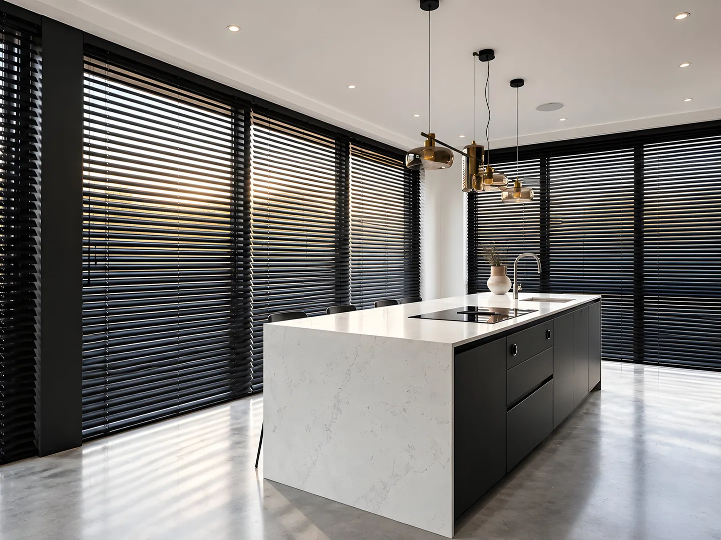 Black Venetian blinds controlling daylight in a contemporary kitchen