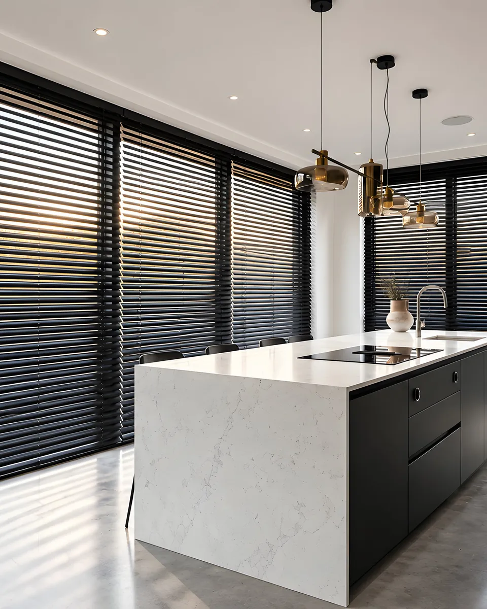Black Venetian blinds fitted around a contemporary British kitchen window