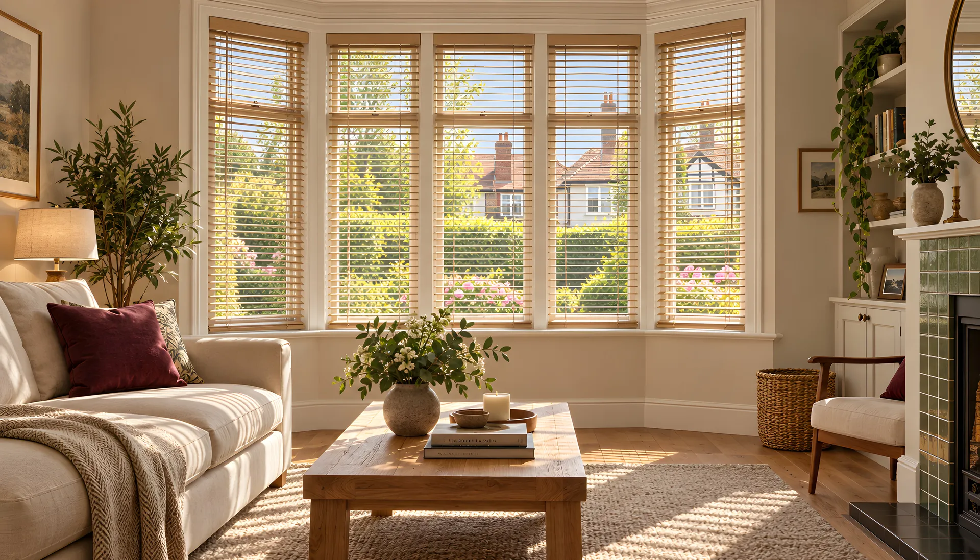 Pale oak Venetian blinds across a five-sided bay in a leafy family home