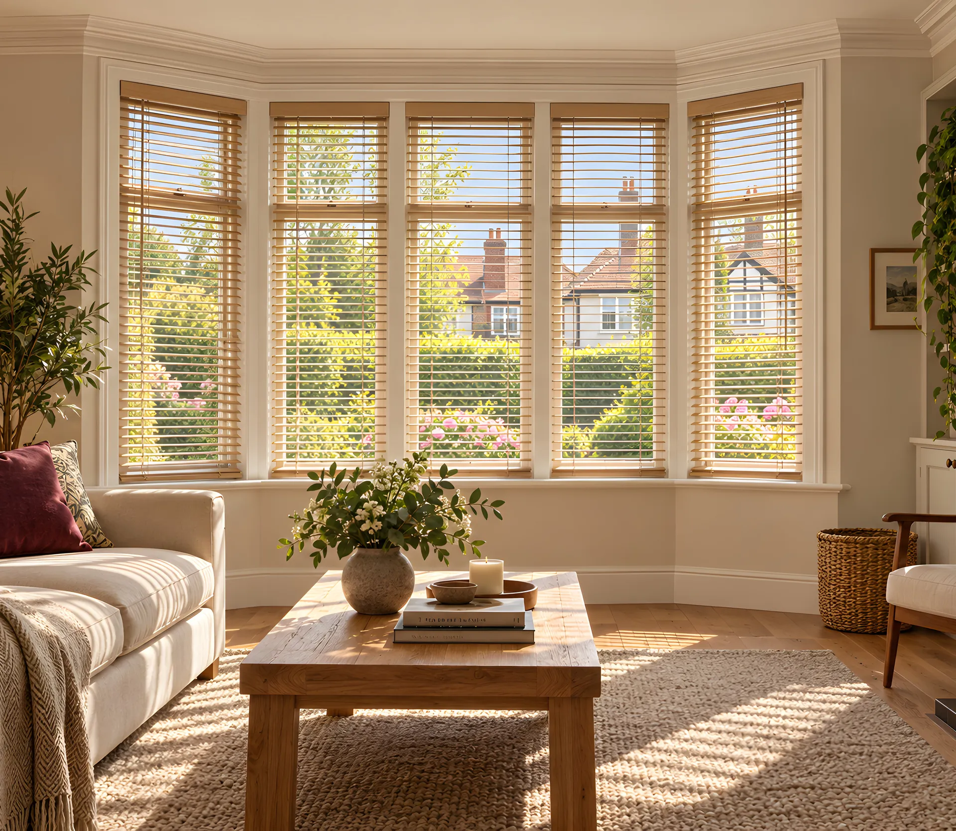 Pale oak Venetian blinds across a five-sided bay in a leafy family home
