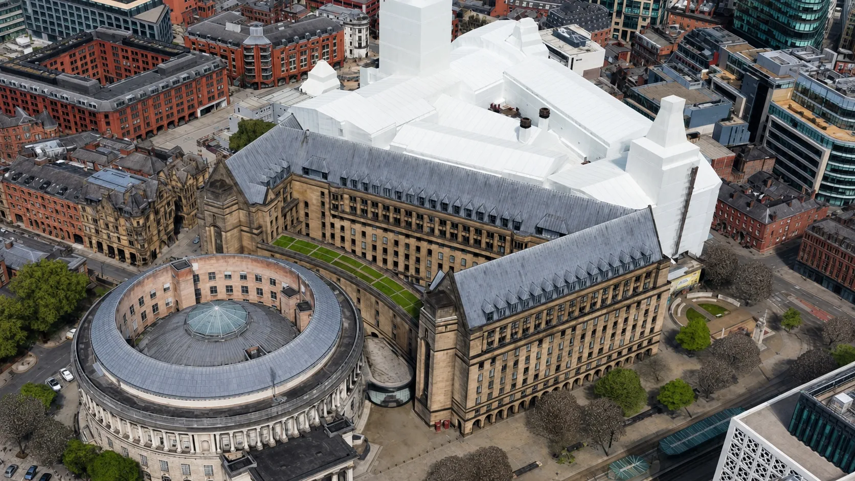 Aerial view across Manchester city centre