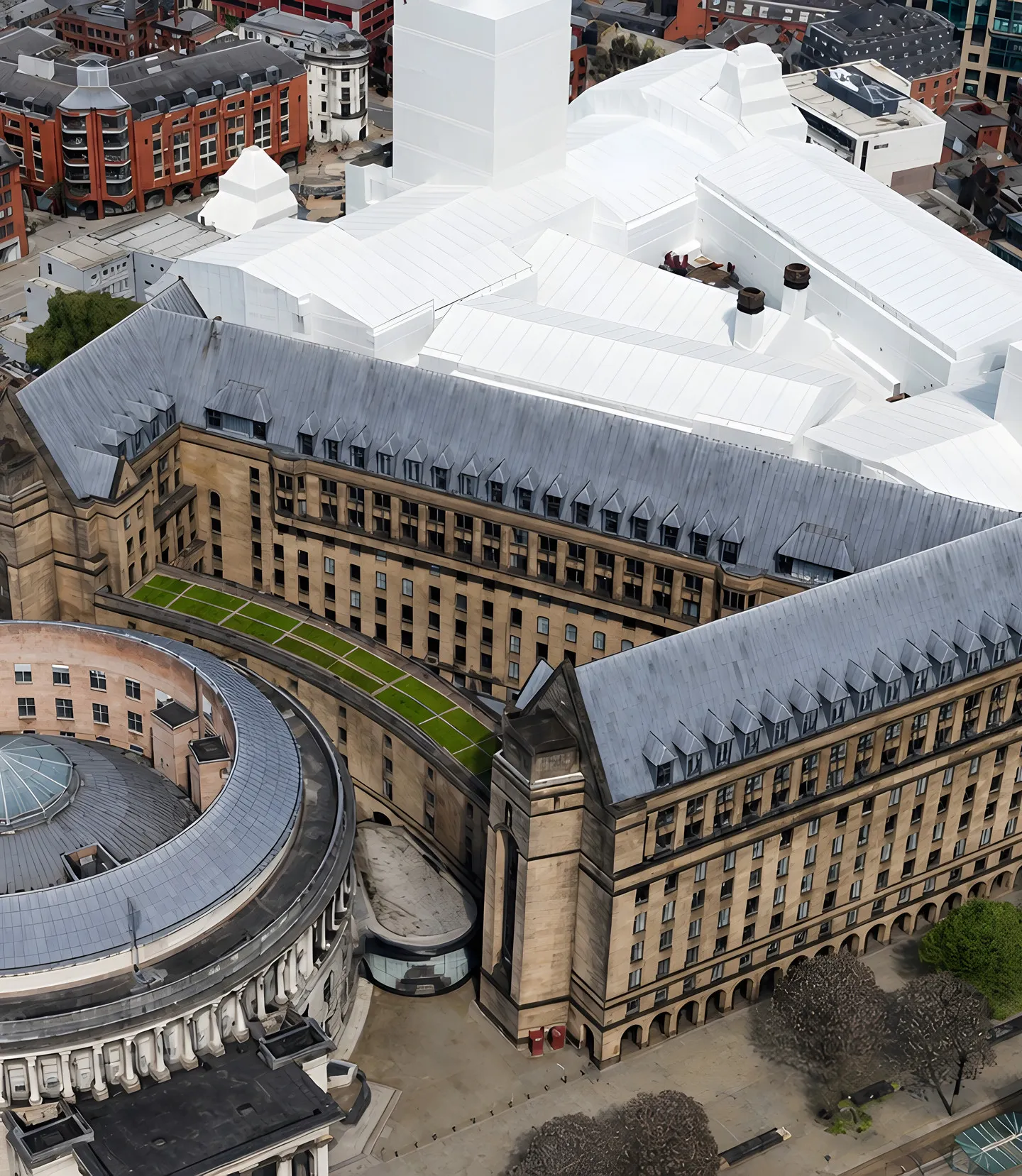 Aerial view across central Manchester
