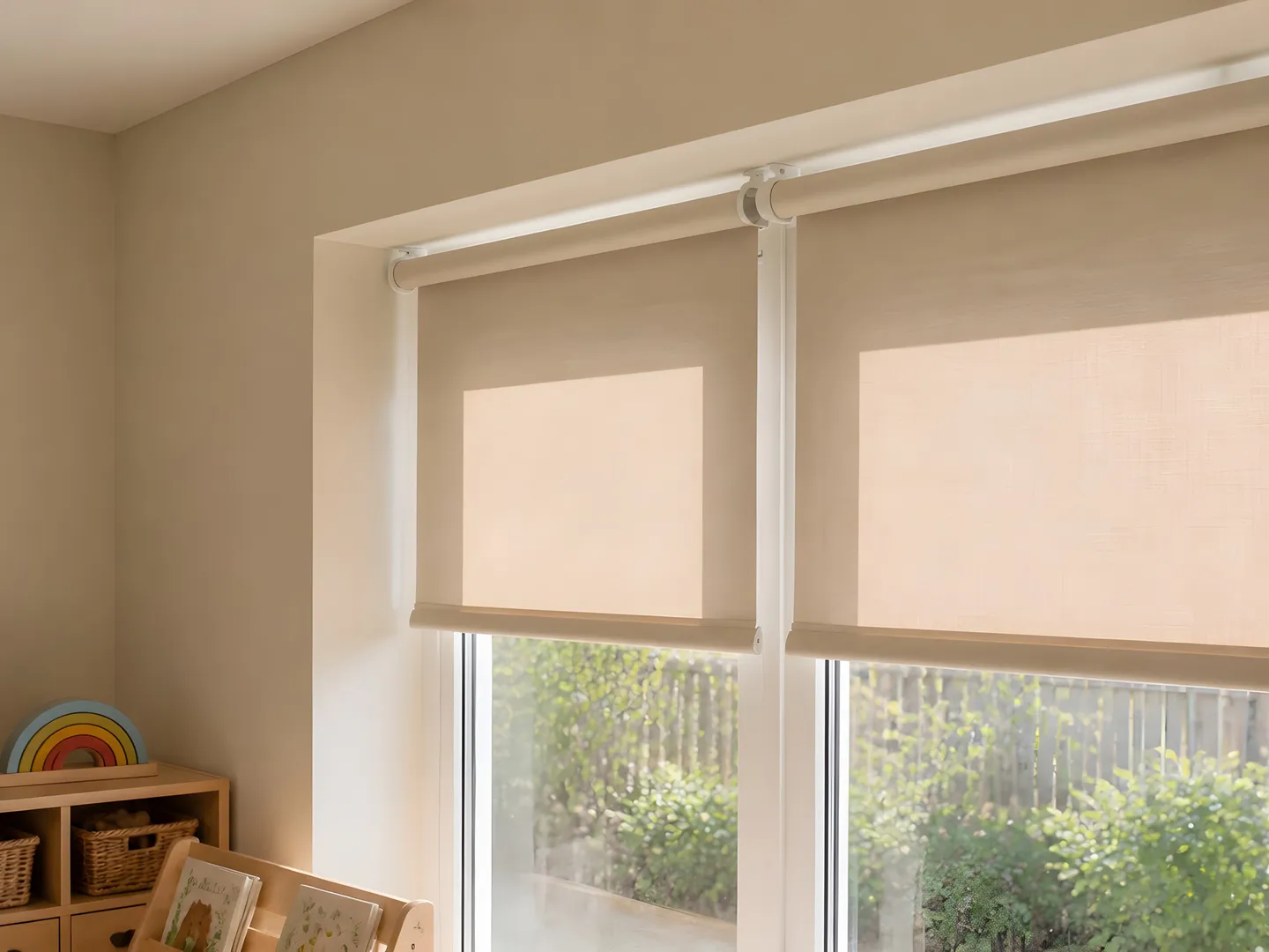 Cream roller blinds above low nursery playroom furniture