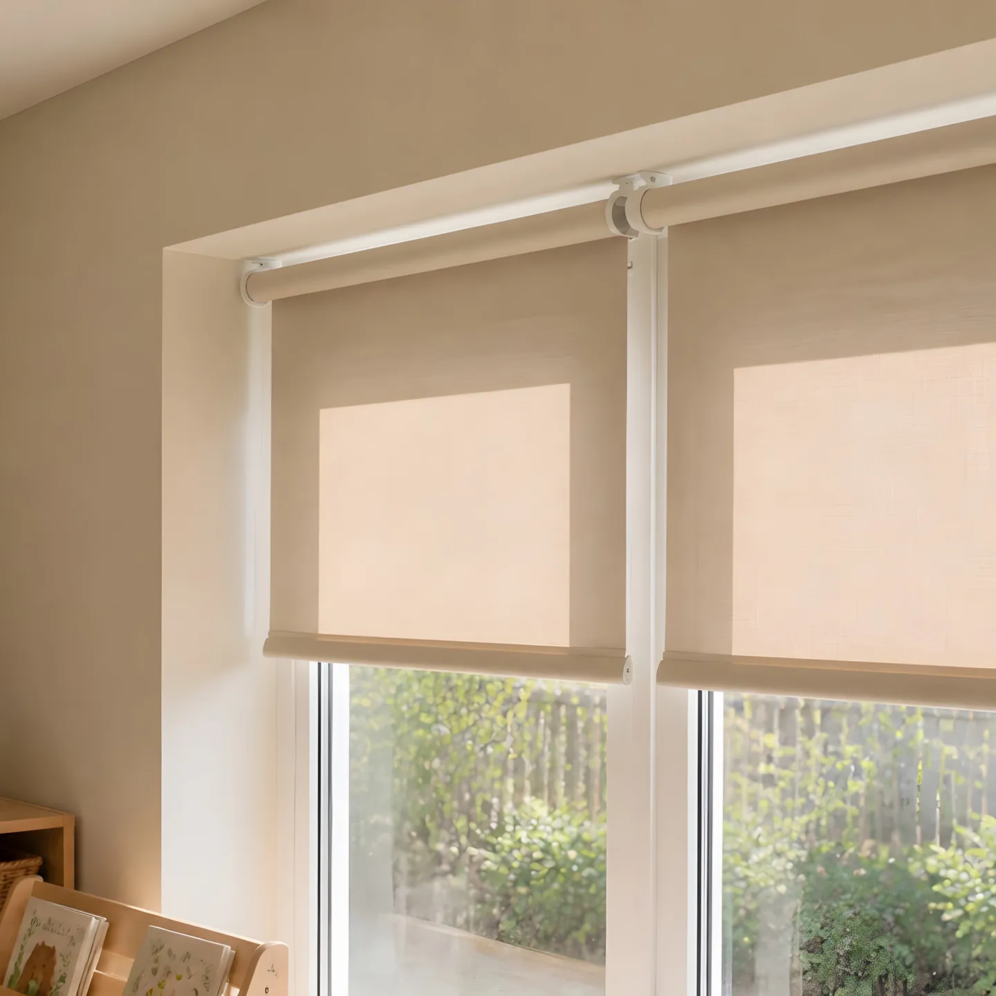 Nursery playroom with child-safe roller blinds above low-level furniture