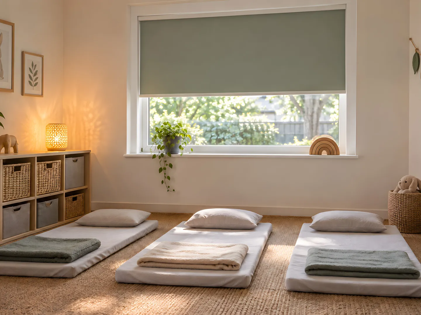 Sage blackout roller blind in a nursery room prepared with toddler sleep mats