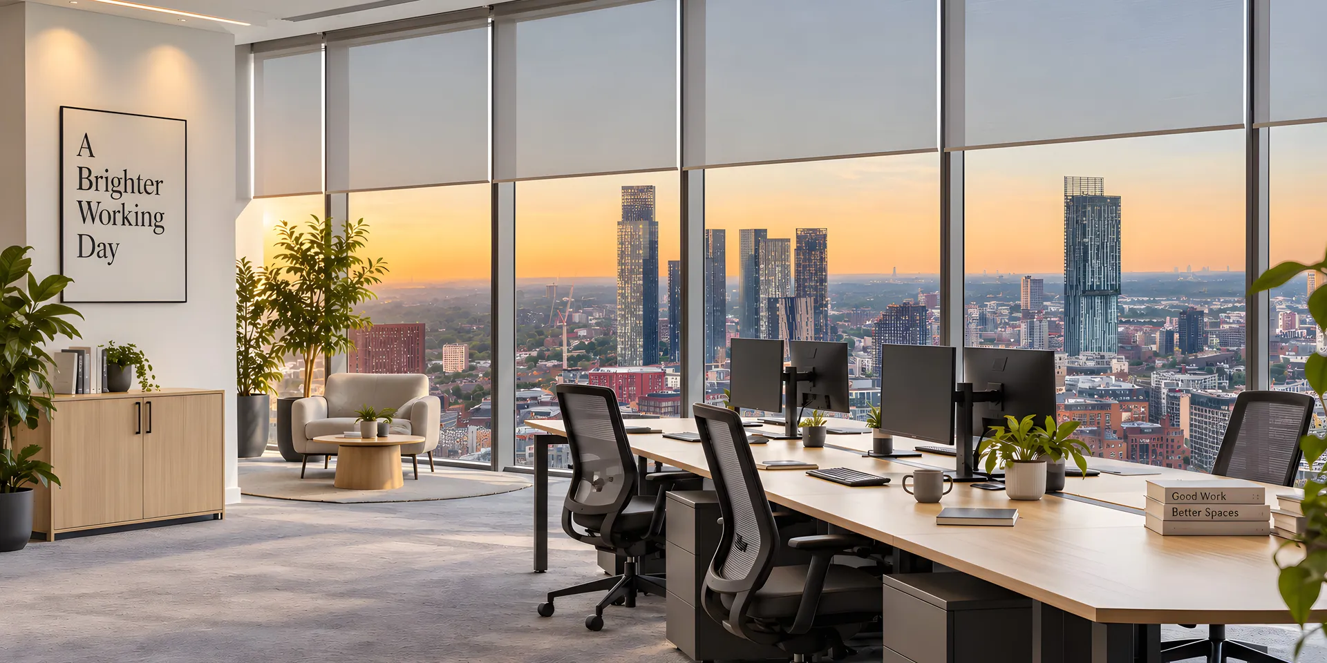 Illustrative finished office with screen roller blinds overlooking Manchester