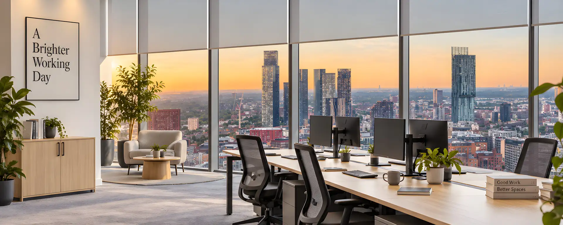 Illustrative office with screen roller blinds overlooking Manchester at sunset