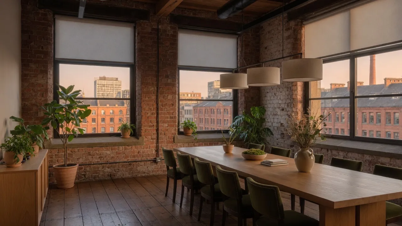 Pale roller blinds over the tall windows of a warm brick-walled office, long oak meeting table below