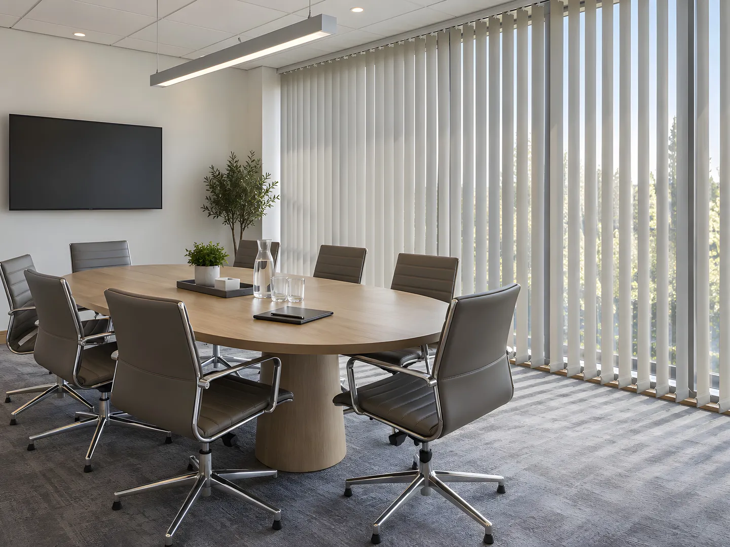 Vertical blinds controlling daylight in a managed office meeting room