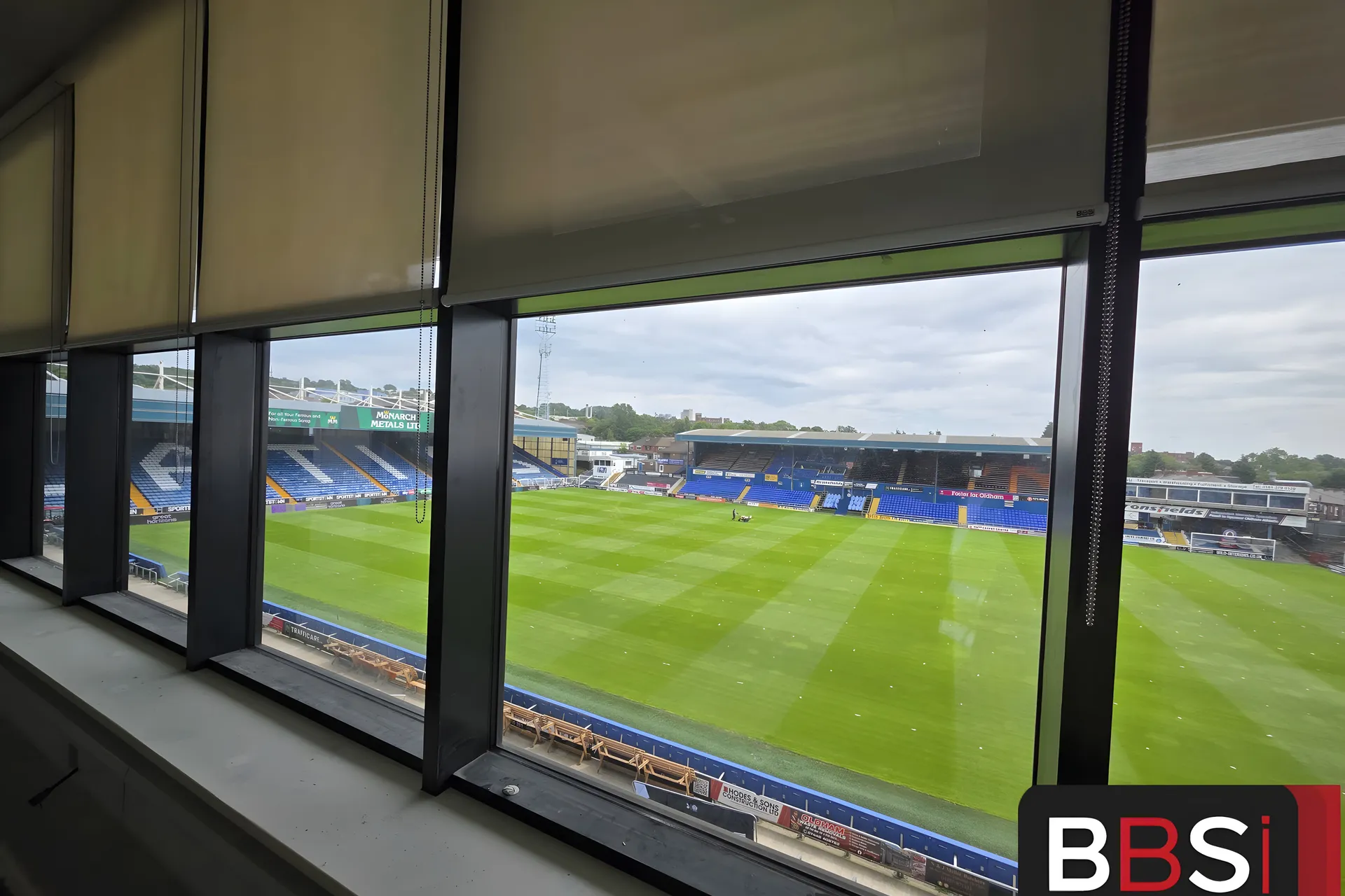 Screen fabric roller blinds overlooking the pitch at Boundary Park