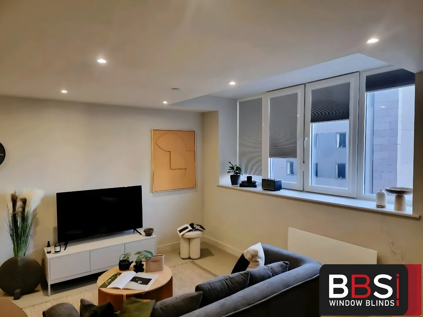 Perfect Fit blinds clipped to the frames of two apartment windows above a television and sofa