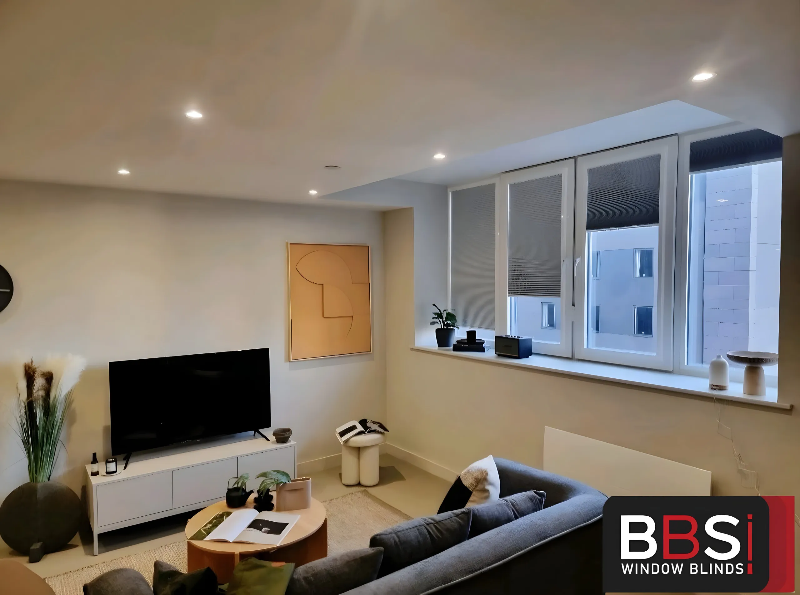 Perfect Fit blinds on the windows of an apartment living room
