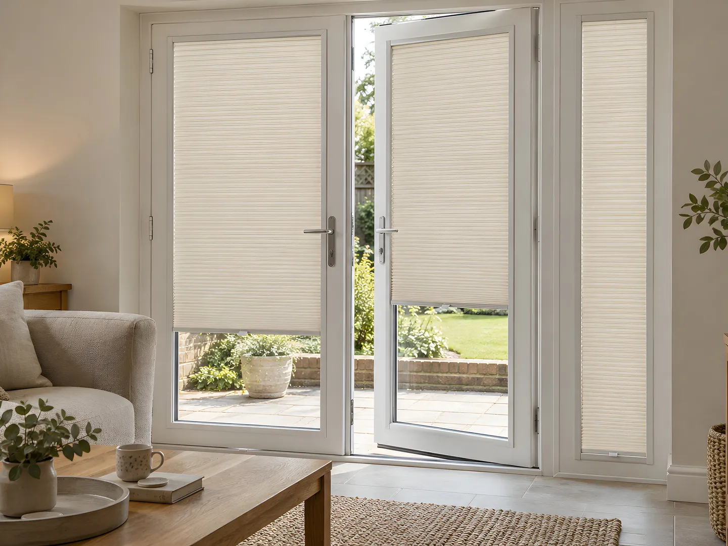 Cream framed honeycomb blinds fitted directly to individual patio door panes