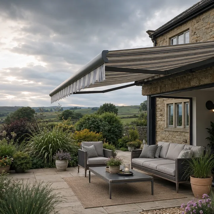 Retractable awning shading an outdoor seating area