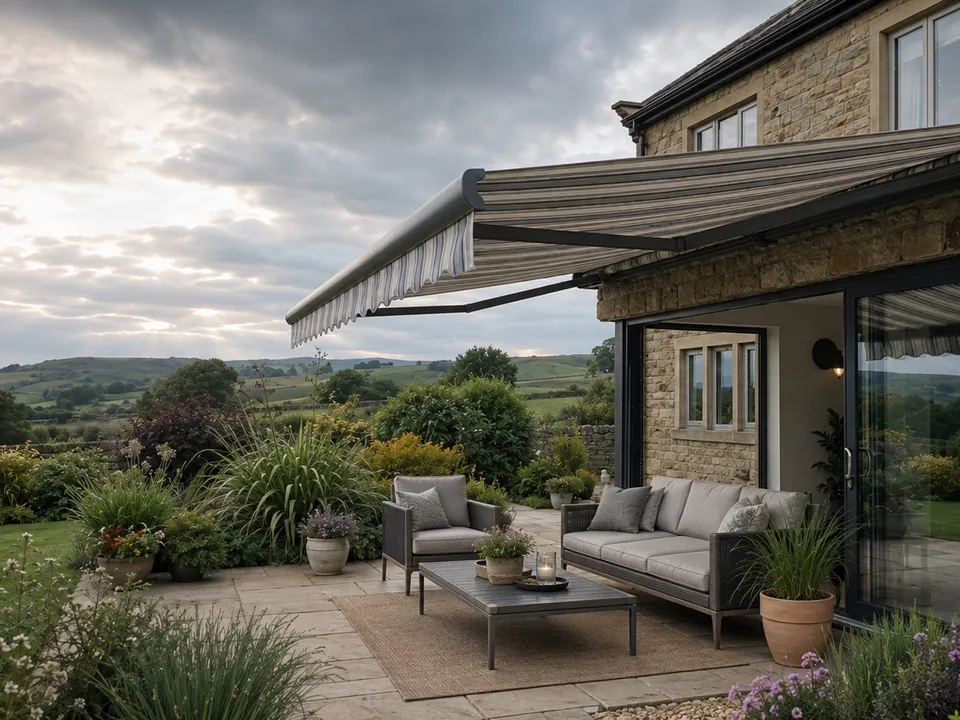 Retractable awning shading an outdoor seating area