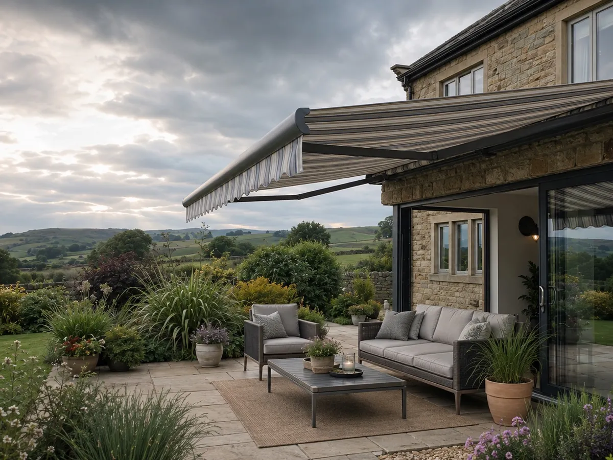 Retractable awning shading an outdoor seating area