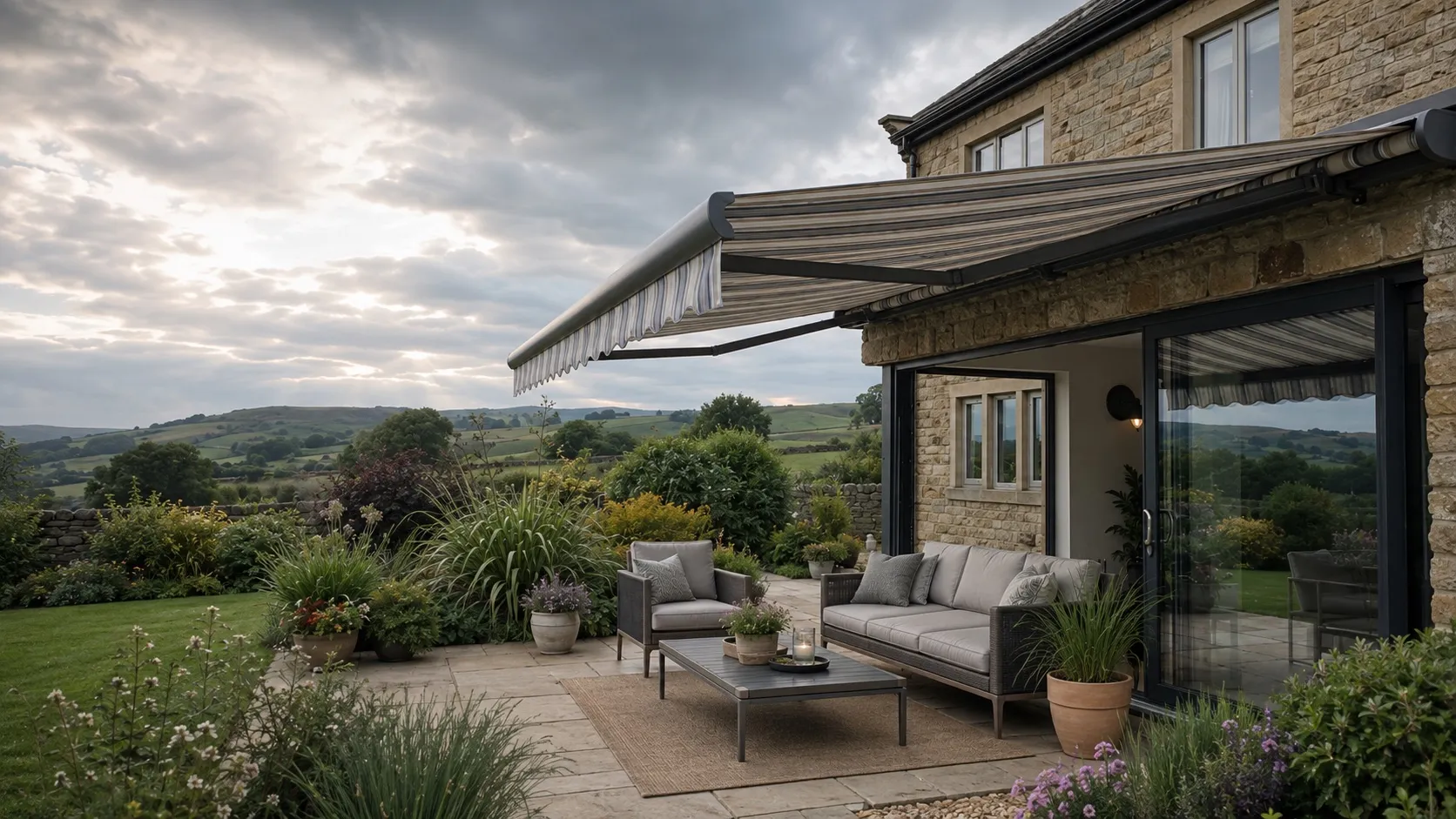 Retractable awning shading an outdoor seating area