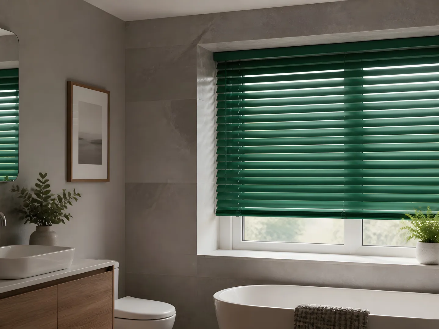 Deep green Venetian blinds on a bathroom window beside a bath