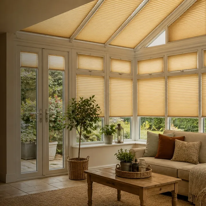 Pleated blinds fitted through a bright conservatory