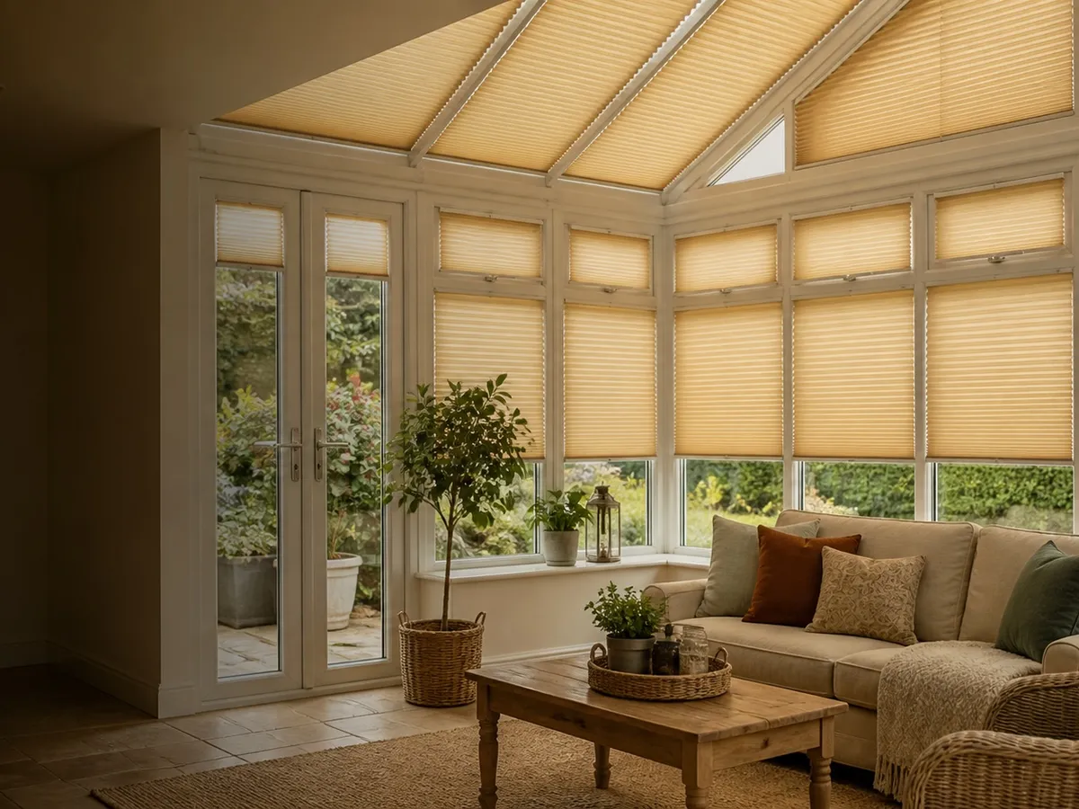 Pleated blinds fitted throughout a bright conservatory