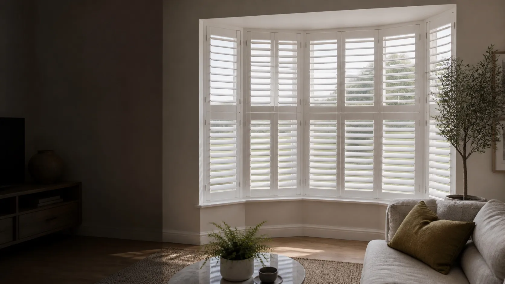 White interior shutters fitted to a bay window