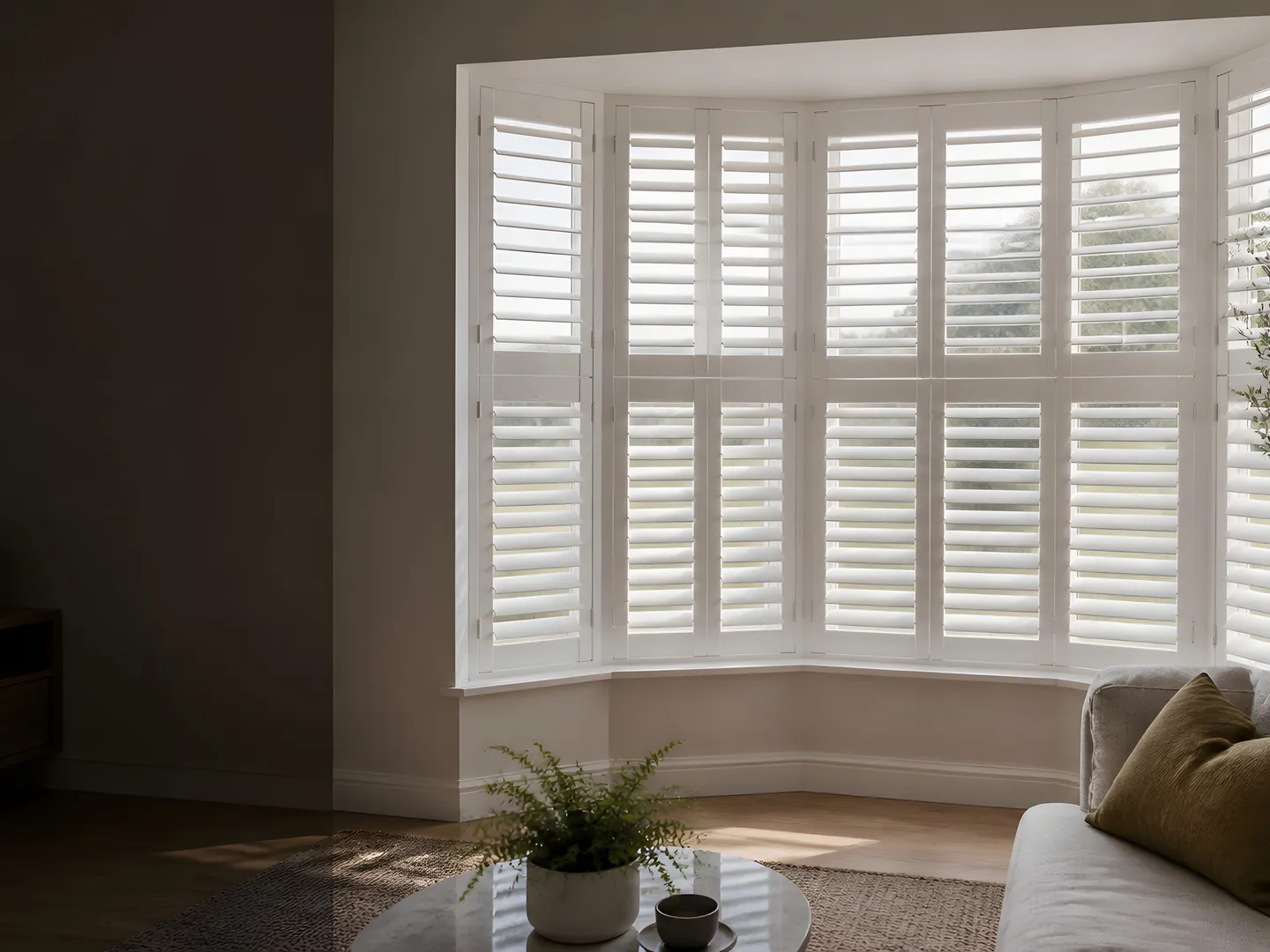 White plantation shutters fitted across a bay window in a cosy living room