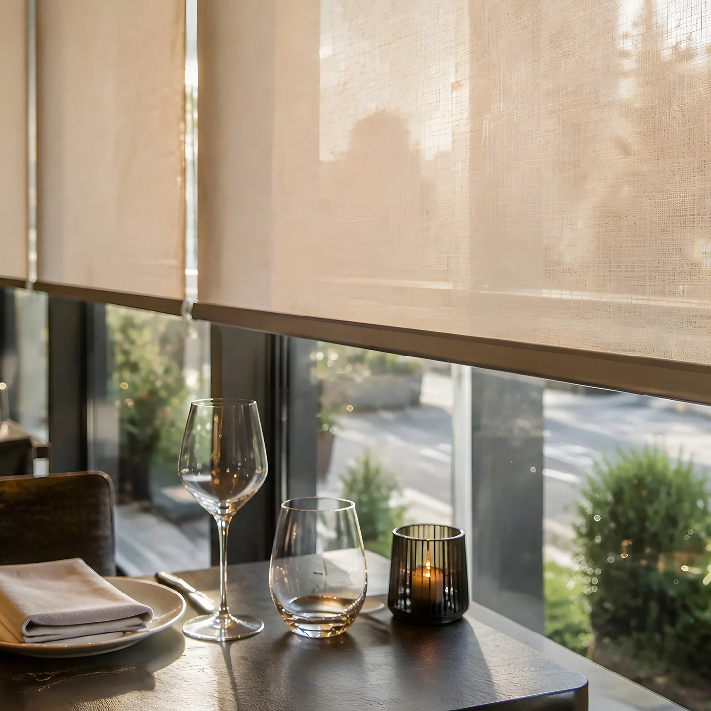 Restaurant dining room with roller blinds fitted across street-facing windows