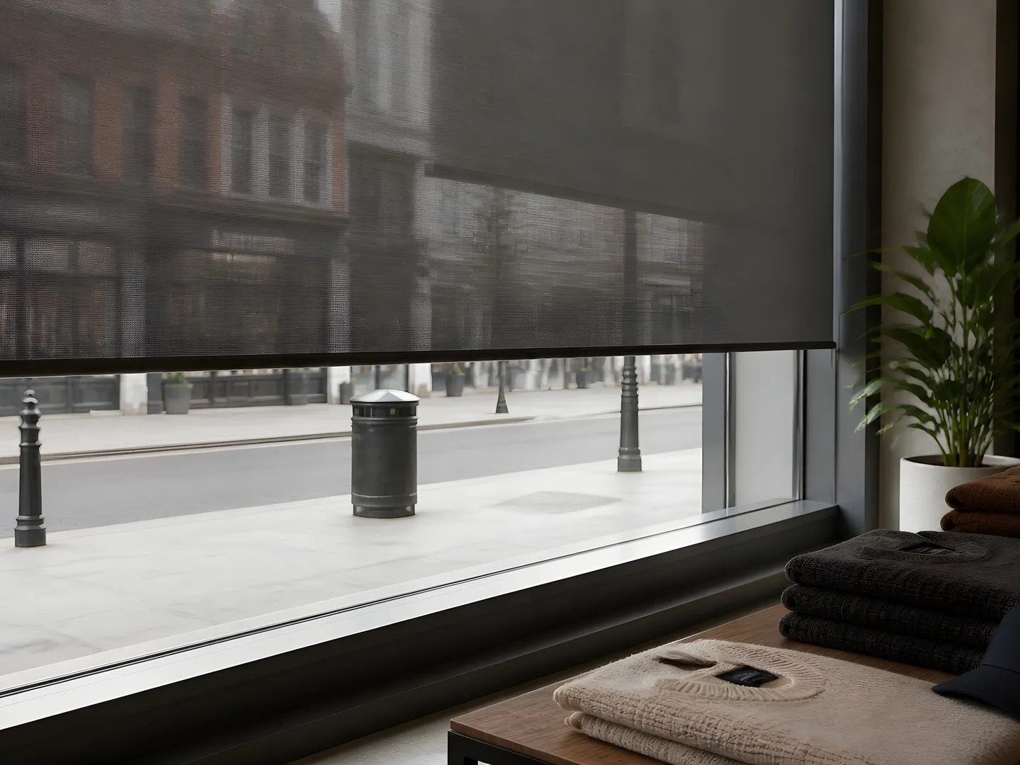 Grey roller blinds managing sunlight across a fashion shop display window