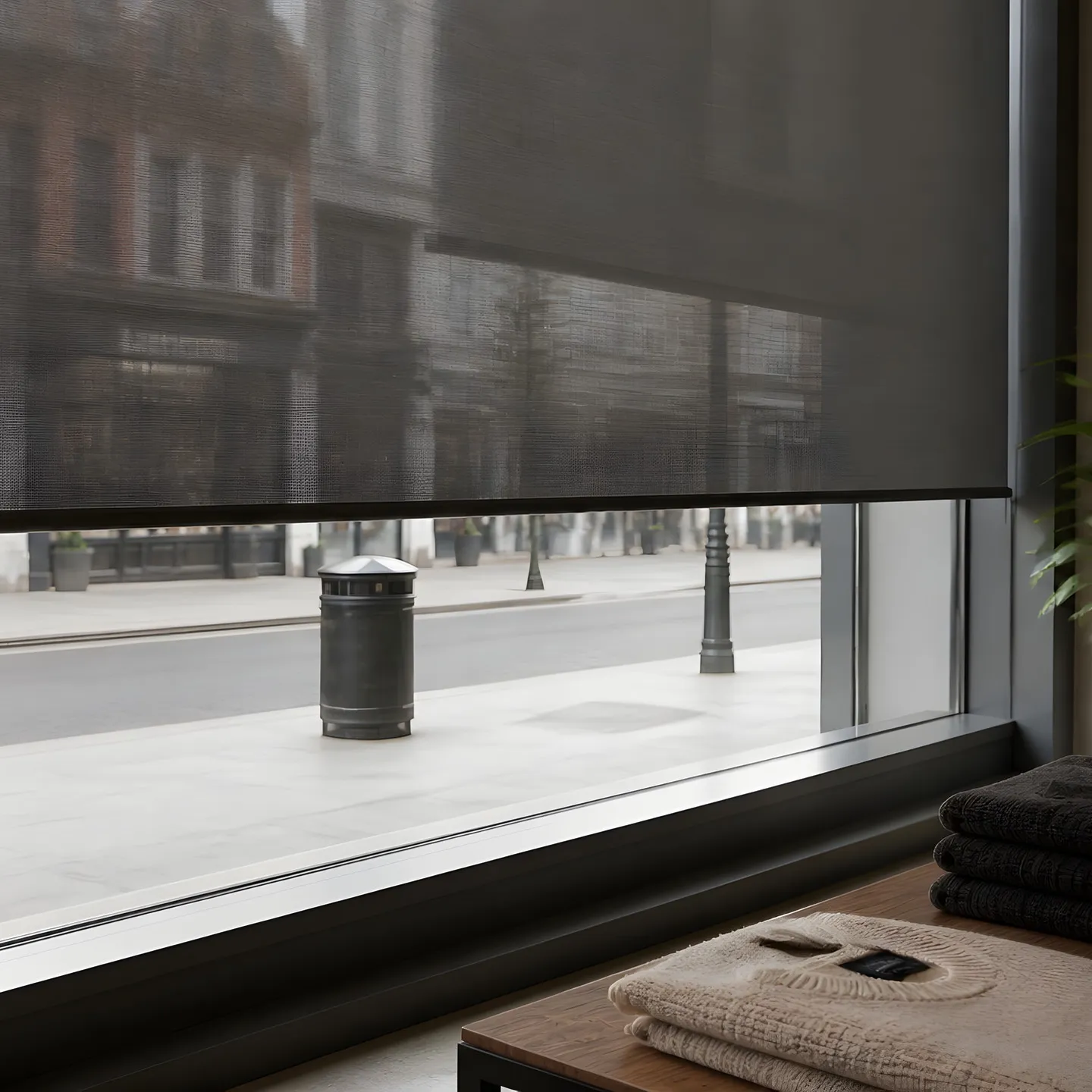 Retail interior with roller blinds managing glare across display windows