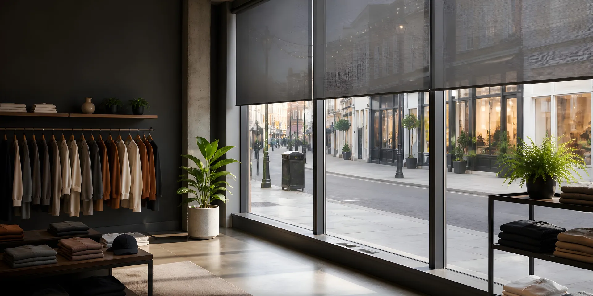Roller blinds fitted across a contemporary British retail shopfront