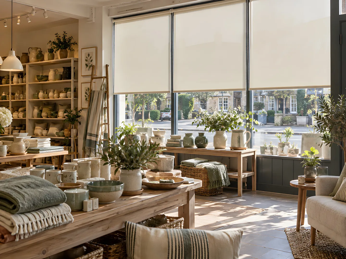 Cream screen roller blinds above homeware and ceramic displays in a shop