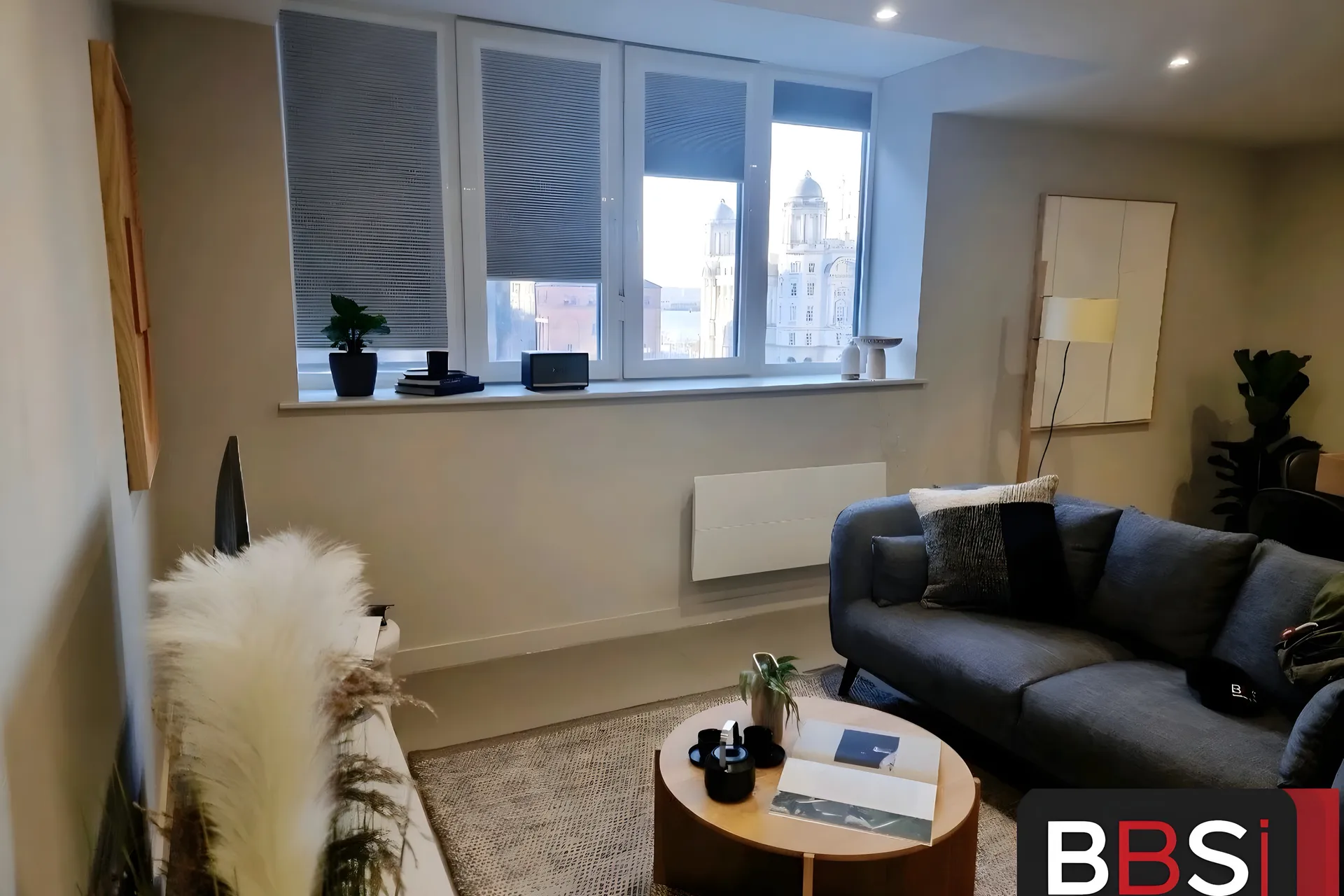 Grey perfect fit pleated blinds in a Rocco House apartment living room with the Liver Building visible through the window