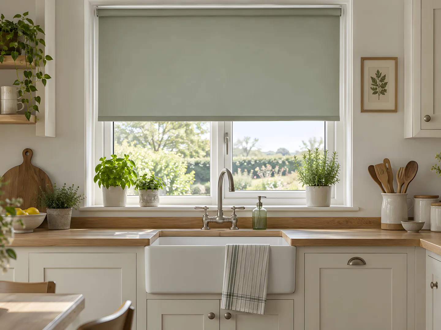 Sage green roller blind lowered halfway at a kitchen window above an oak worktop