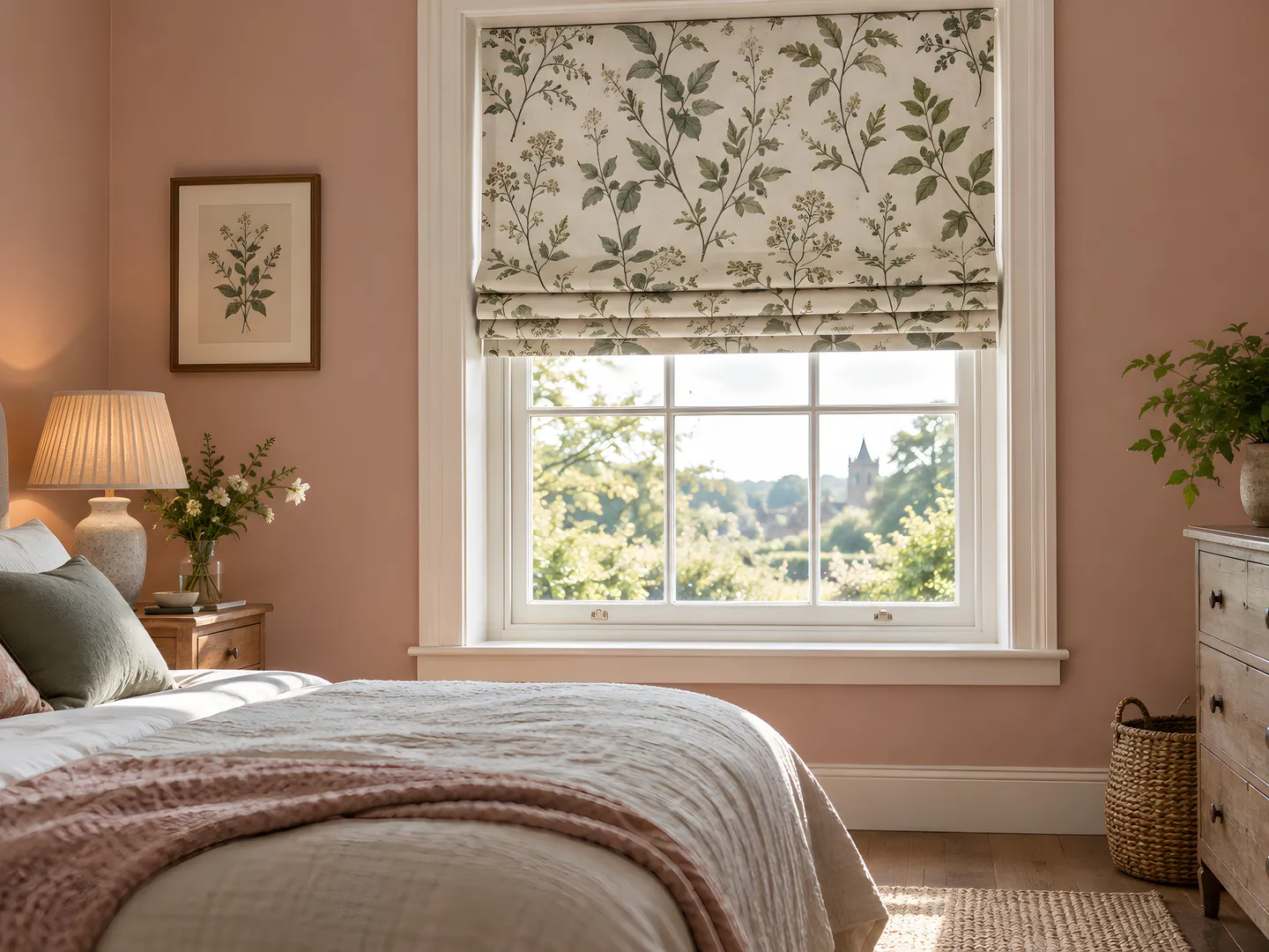 Muted botanical Roman blind with clear fabric folds above a bedroom window