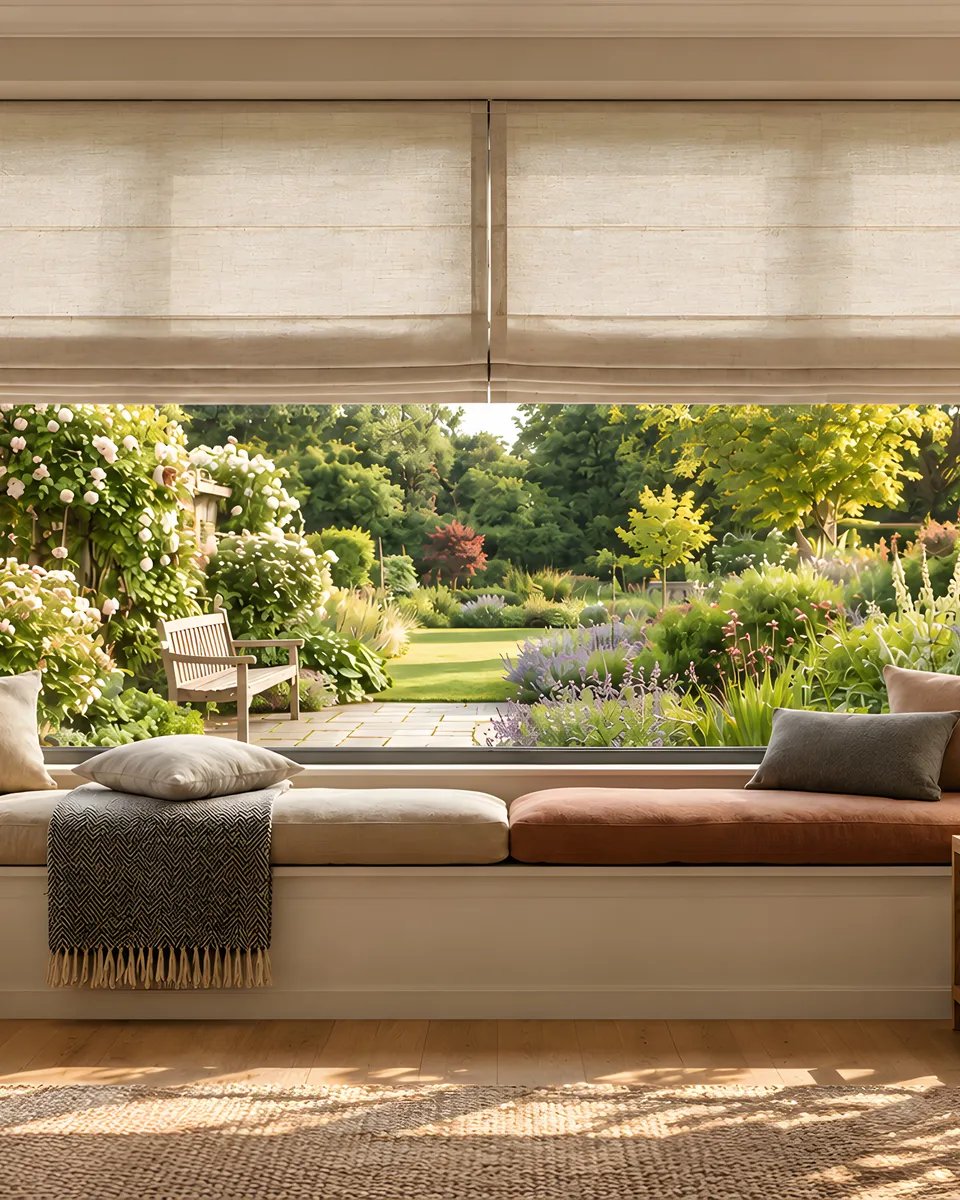 Illustrative living-room window seat with softly textured Roman blinds