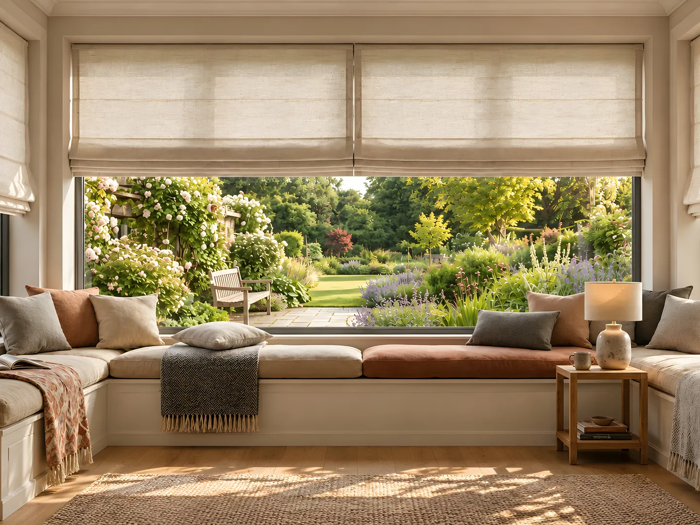 Natural linen Roman blinds above a bay-window seat looking into a garden