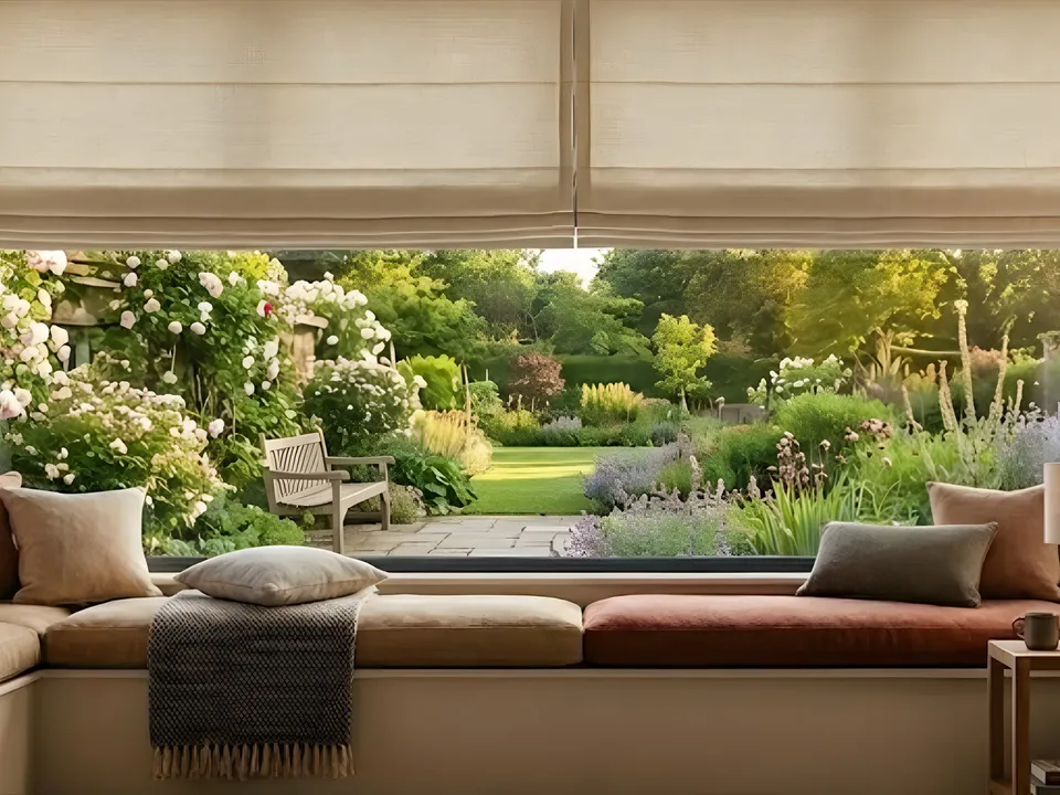Soft fabric Roman blinds in a living room