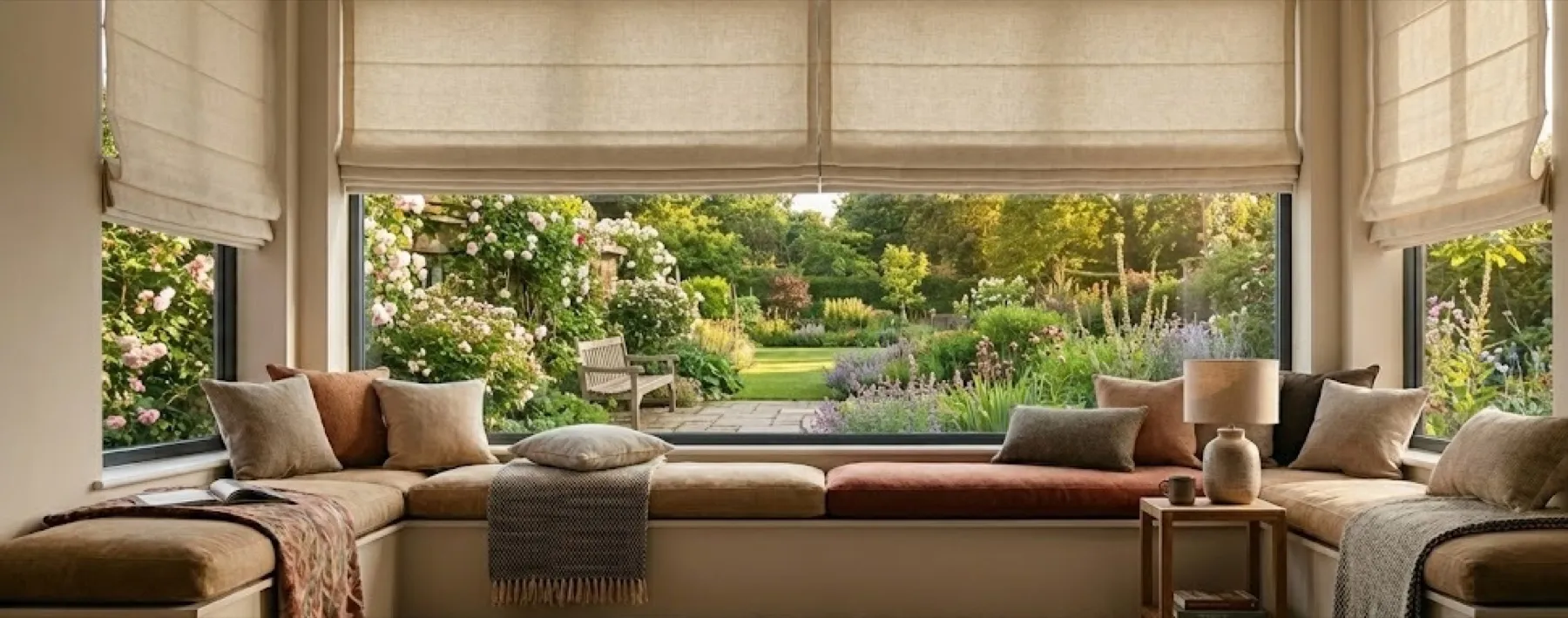 Soft fabric Roman blinds in a living room