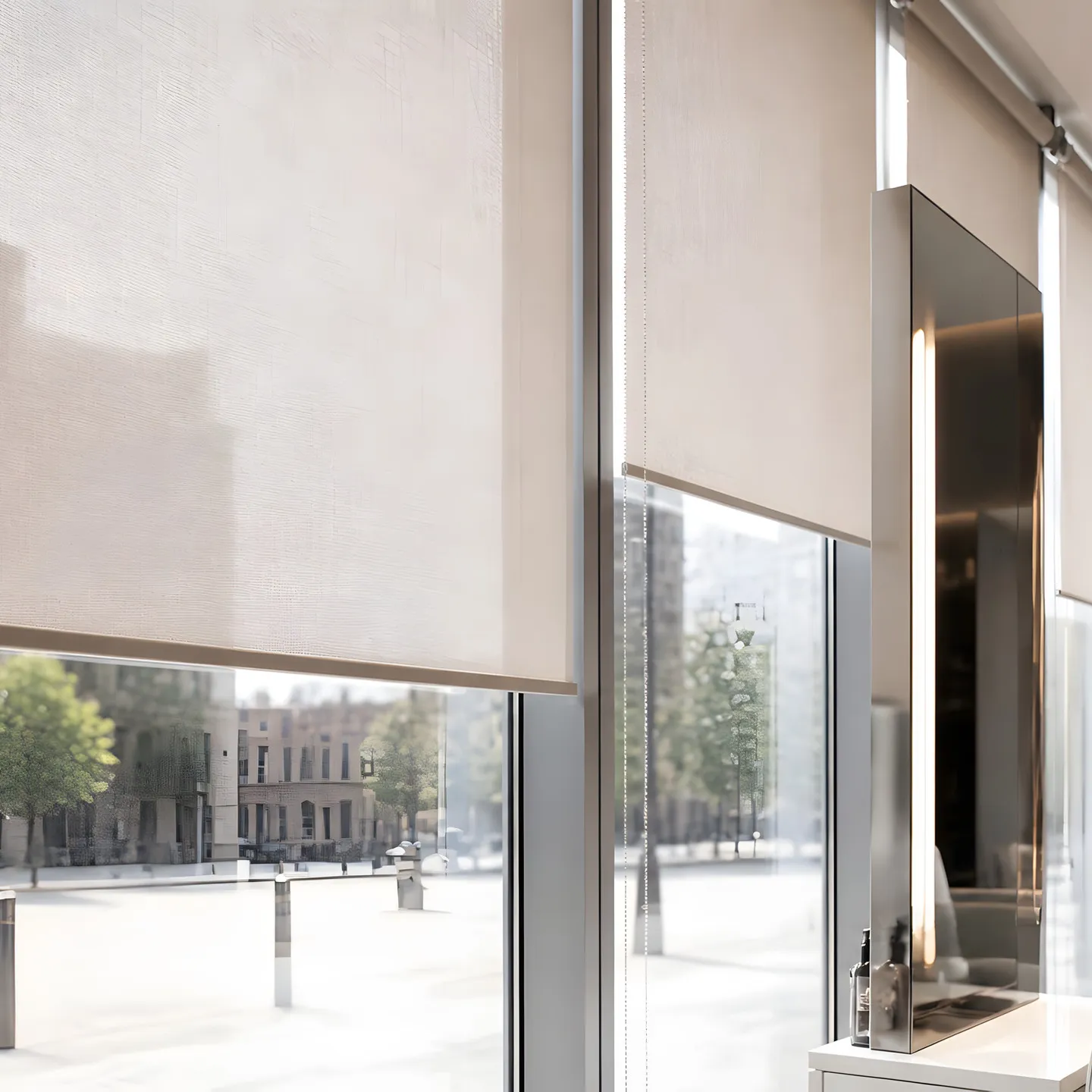 Salon styling stations beside street-facing windows fitted with roller blinds